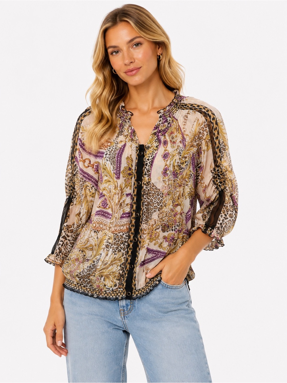 Cache 100% Silk Size Small Printed Mixed-Print Blouse in Beige and Purple